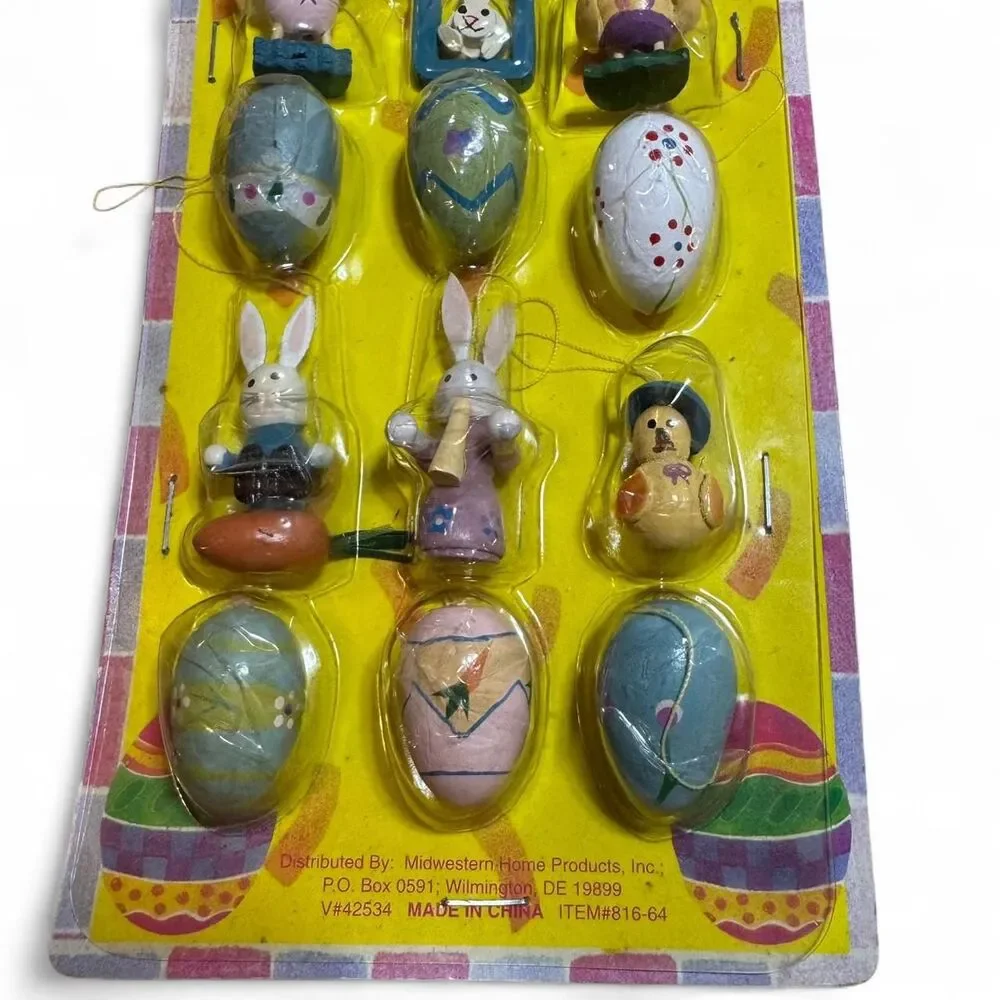 VTG Easter Wooden Painted Ornaments Set 12 Hanging Tree Decor Cottagecore Pastel